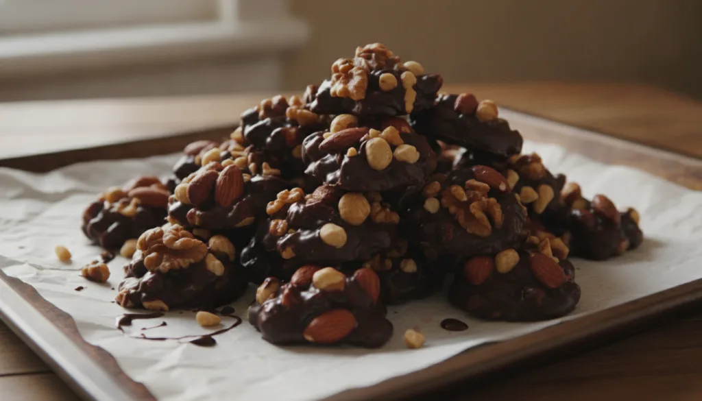 A pile of rustic chocolate nut clusters showing the texture of the nuts embedded in the chocolate on a parchment paper l