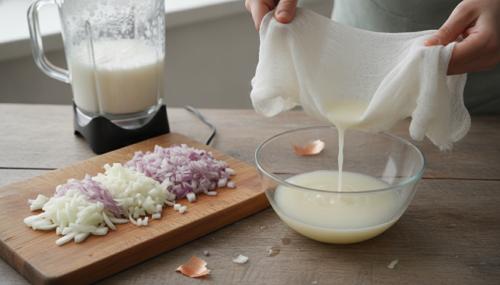 Close-up of chopped onions a blender and a bowl with fresh onion juice being strained through a cheesecloth showing the