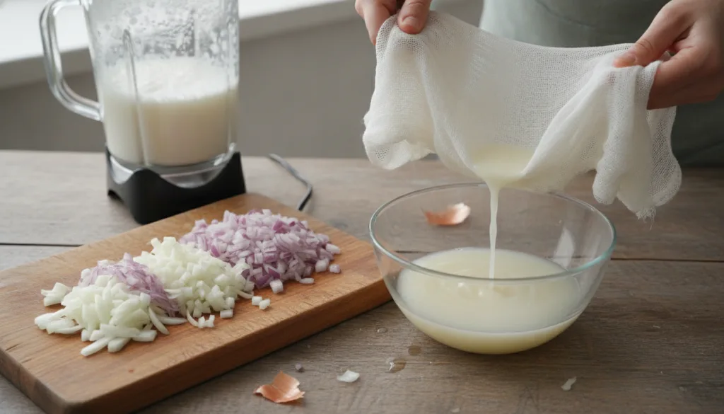 Close-up of chopped onions a blender and a bowl with fresh onion juice being strained through a cheesecloth showing the