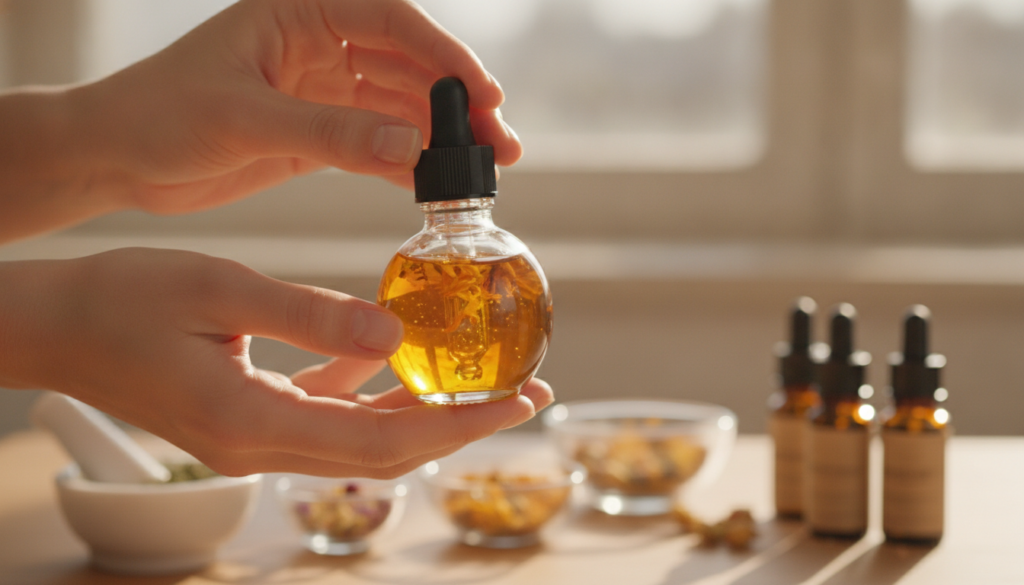 A person s hands gently shaking a small clear glass bottle containing the mixed DIY skin oil with the ingredients blurre