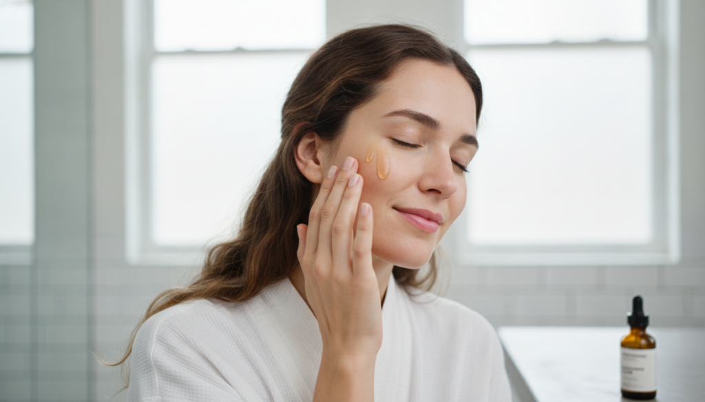 A woman gently applying a few drops of the homemade skin oil to her cheek massaging it in with her fingertips in a well-