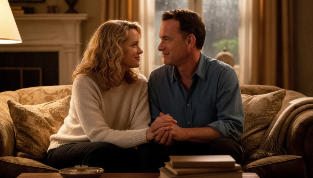 Meg Ryan and Tom Hanks smiling together in a still from Sleepless in Seattle