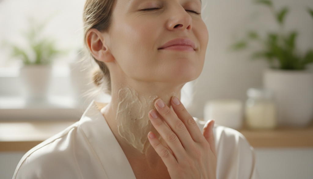 A close-up of a woman gently applying a homemade balm to her neck and jawline illustrating a collagen-boosting treatment