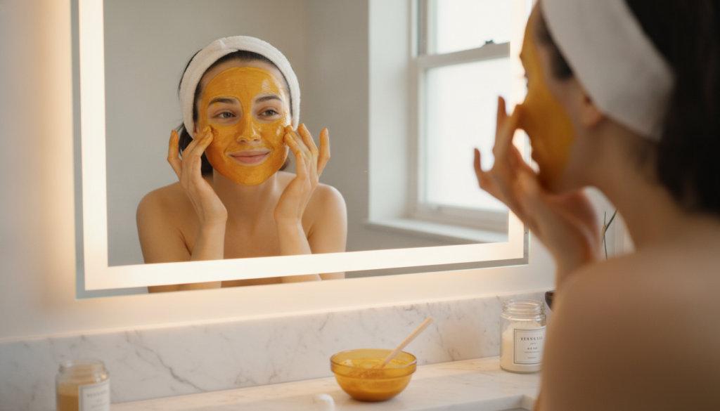 A woman applying a golden DIY face mask with a turmeric and honey consistency to her glowing face in a bathroom mirror