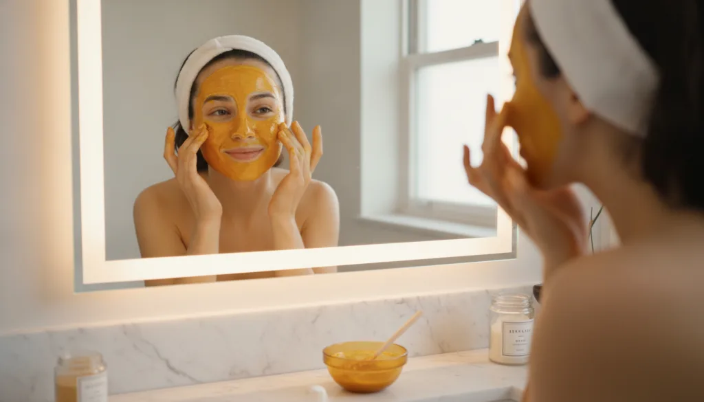 A woman applying a golden DIY face mask with a turmeric and honey consistency to her glowing face in a bathroom mirror
