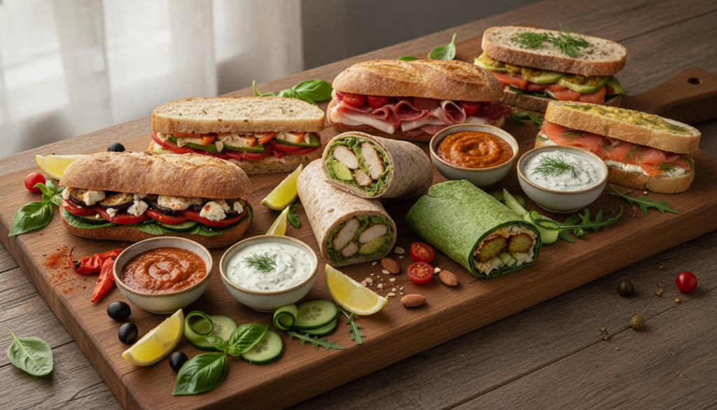 A variety of vibrant freshly prepared sandwiches and wraps each showcasing one of the five homemade sauces arranged appe
