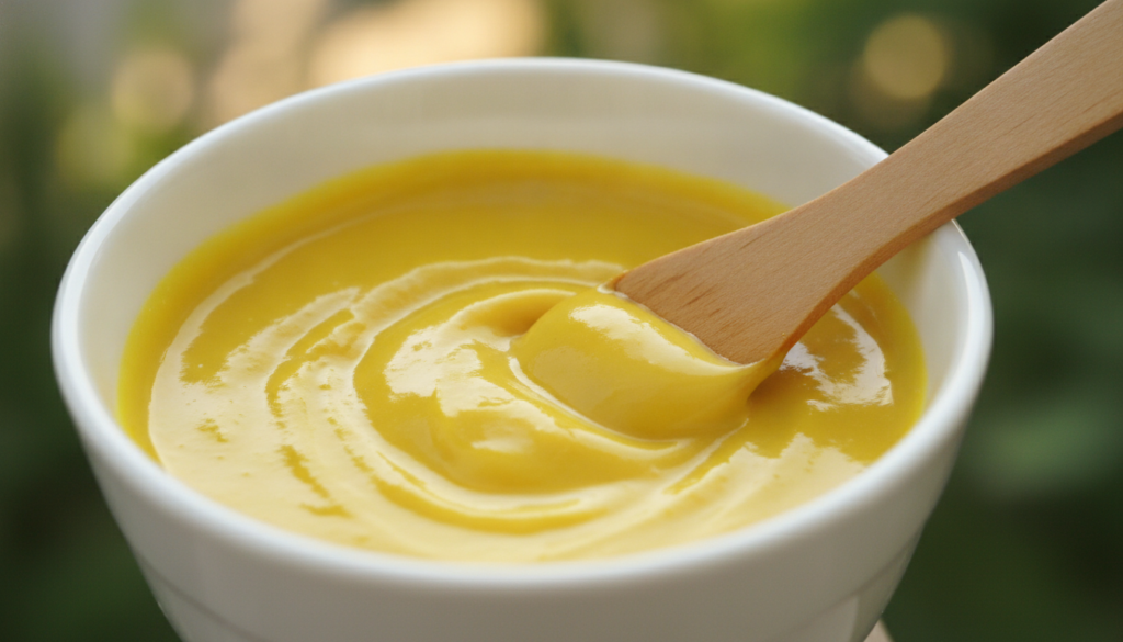 A close-up of a small bowl containing a smooth bright yellow paste made from Vaseline and turmeric with a small spatula 