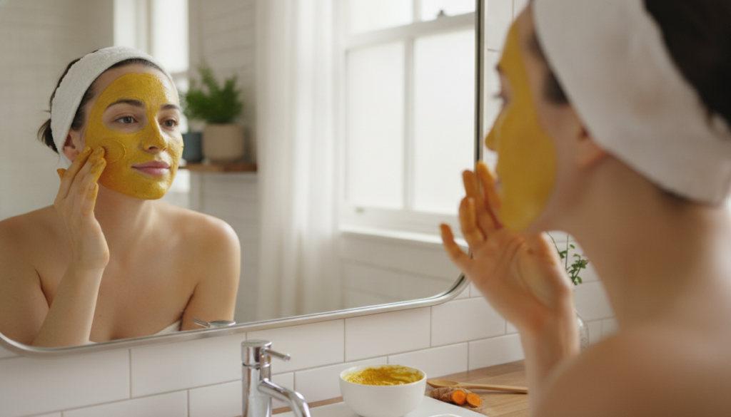 A woman gently applying a yellow turmeric face mask to her cheek in a brightly lit bathroom looking in a mirror Her expr