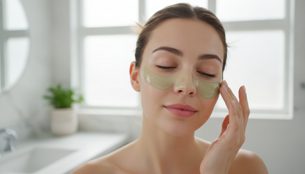 A woman applying a face mask to her clean skin with fingertips
