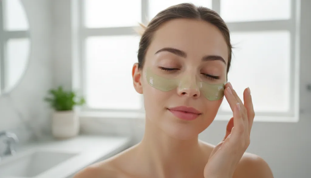 A woman applying a face mask to her clean skin with fingertips