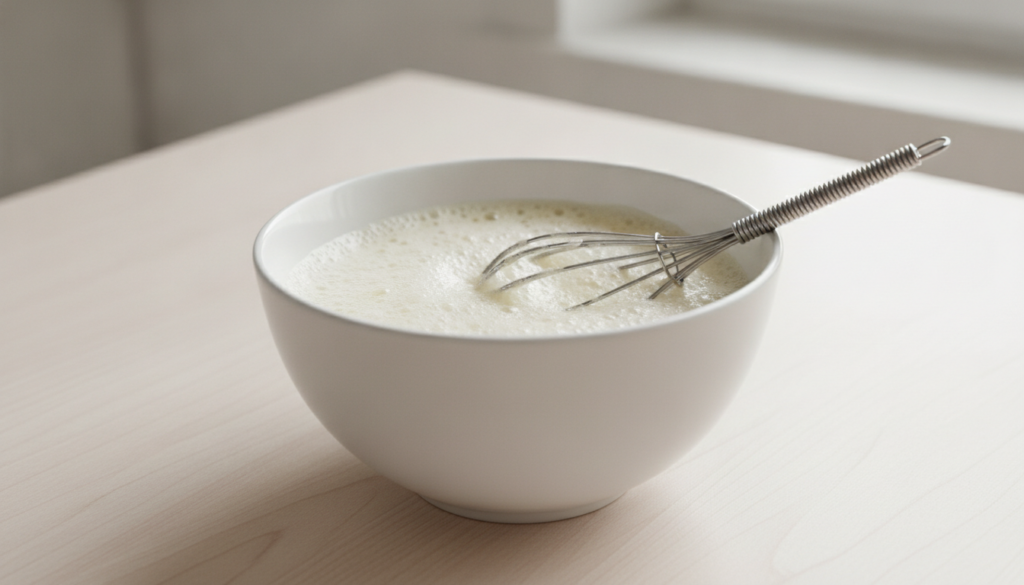 Close-up of a small bowl with whisked egg white and honey mixture slightly frothy