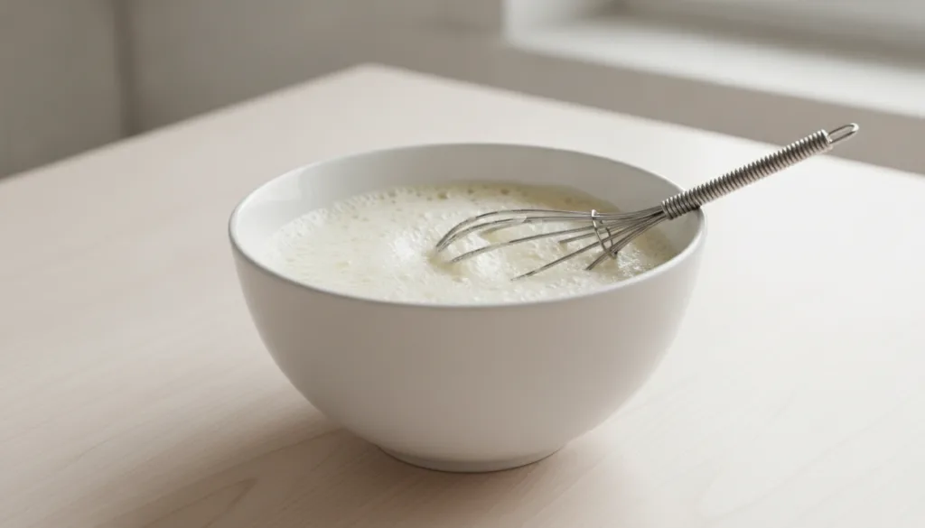 Close-up of a small bowl with whisked egg white and honey mixture slightly frothy