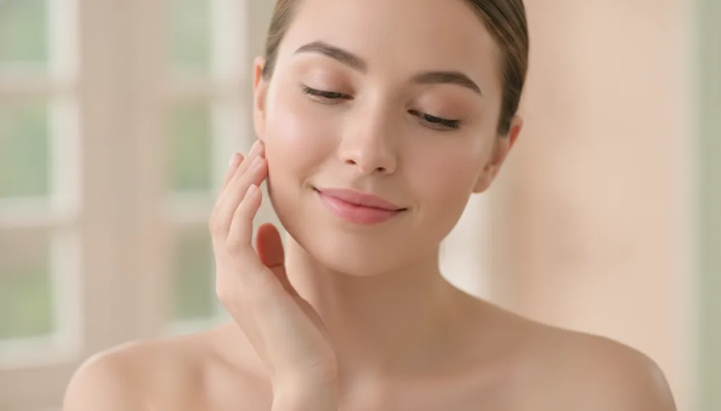 A woman with a radiant and smooth complexion gently touching her cheek against a soft blurred background suggesting heal