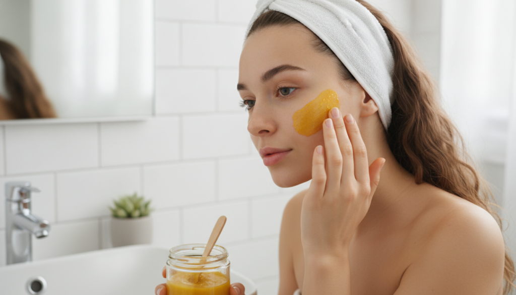 A woman gently applying the yellow-tinted Vaseline and turmeric mixture to her cheek with her fingertips in a clean brig