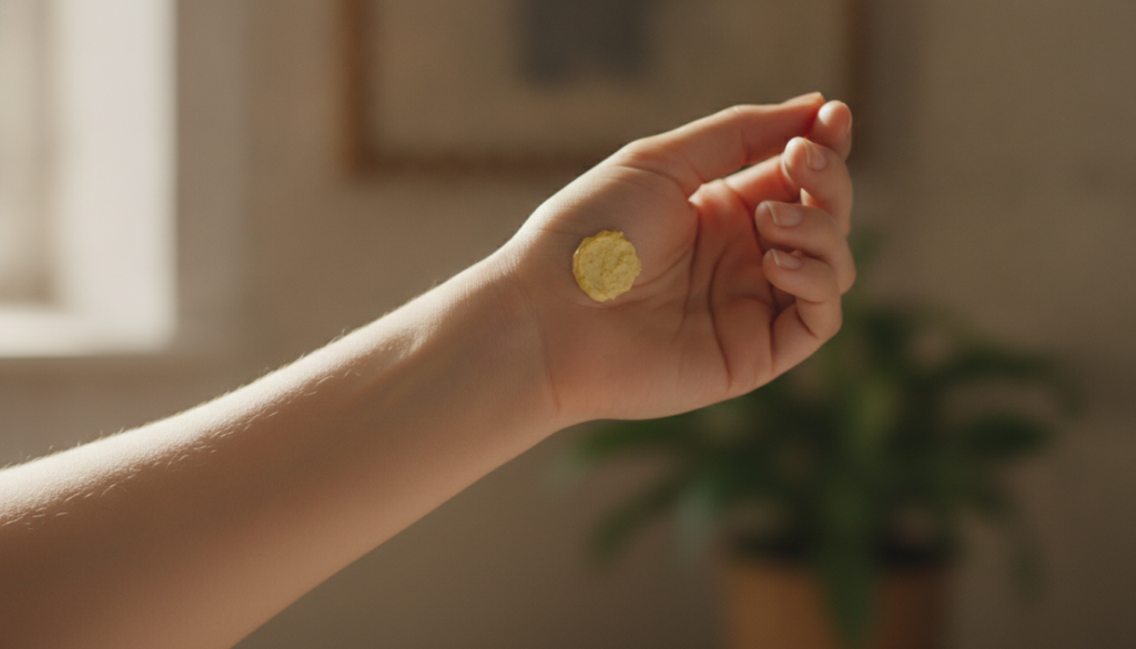 A woman holding her hand out with a small patch test of yellow turmeric and Vaseline paste on her inner arm