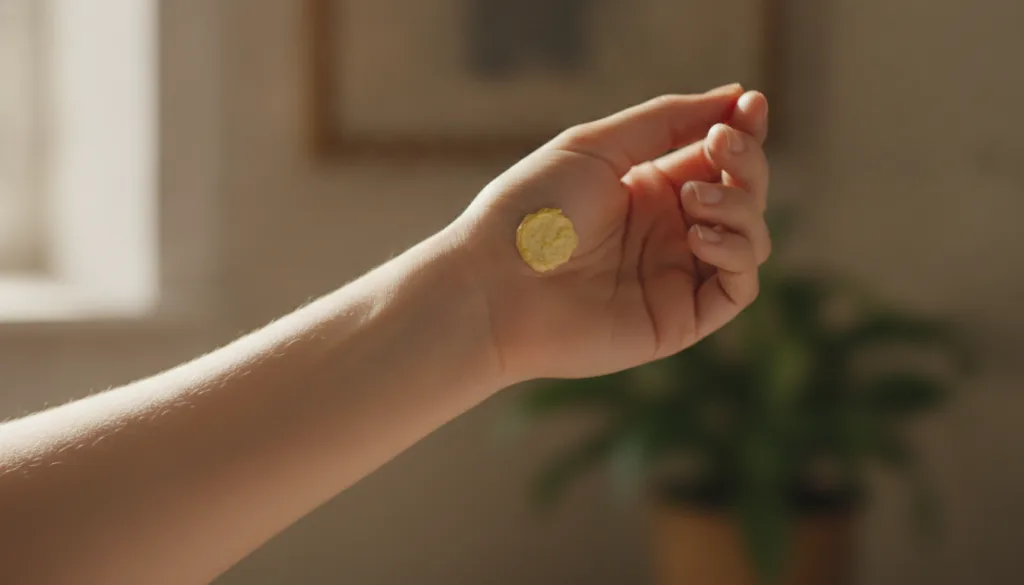 A woman holding her hand out with a small patch test of yellow turmeric and Vaseline paste on her inner arm