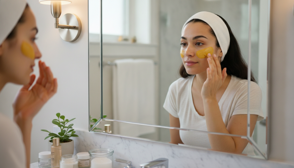 A woman gently applying a yellow turmeric and Vaseline mask to her cheek looking into a mirror with soft lighting