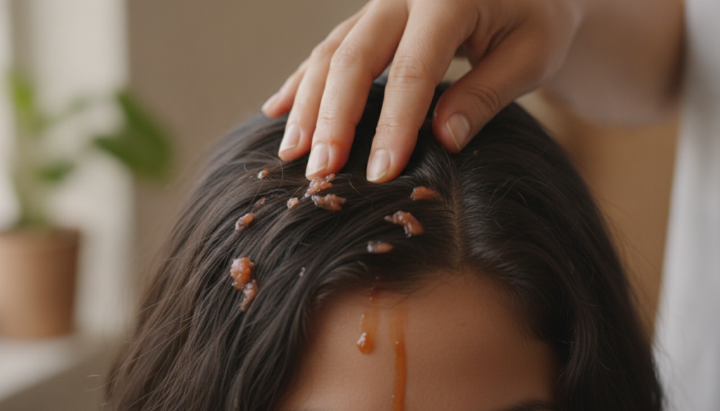 A person s hand gently massaging red onion juice into their scalp showing the application process The background is soft