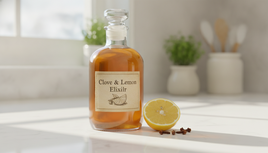 A clear glass bottle filled with a golden liquid labeled Clove Lemon Elixir next to a few whole cloves and a lemon slice