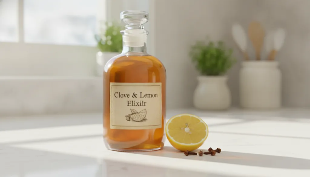 A clear glass bottle filled with a golden liquid labeled Clove Lemon Elixir next to a few whole cloves and a lemon slice