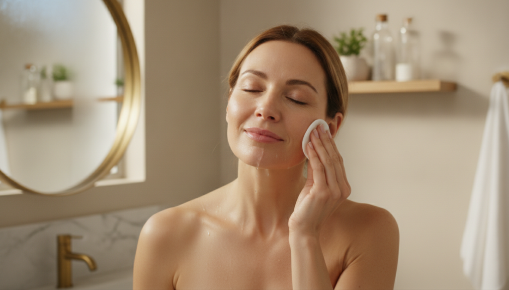 A woman gently patting her face with a cotton pad soaked in the elixir with a soft glowing complexion suggesting effecti