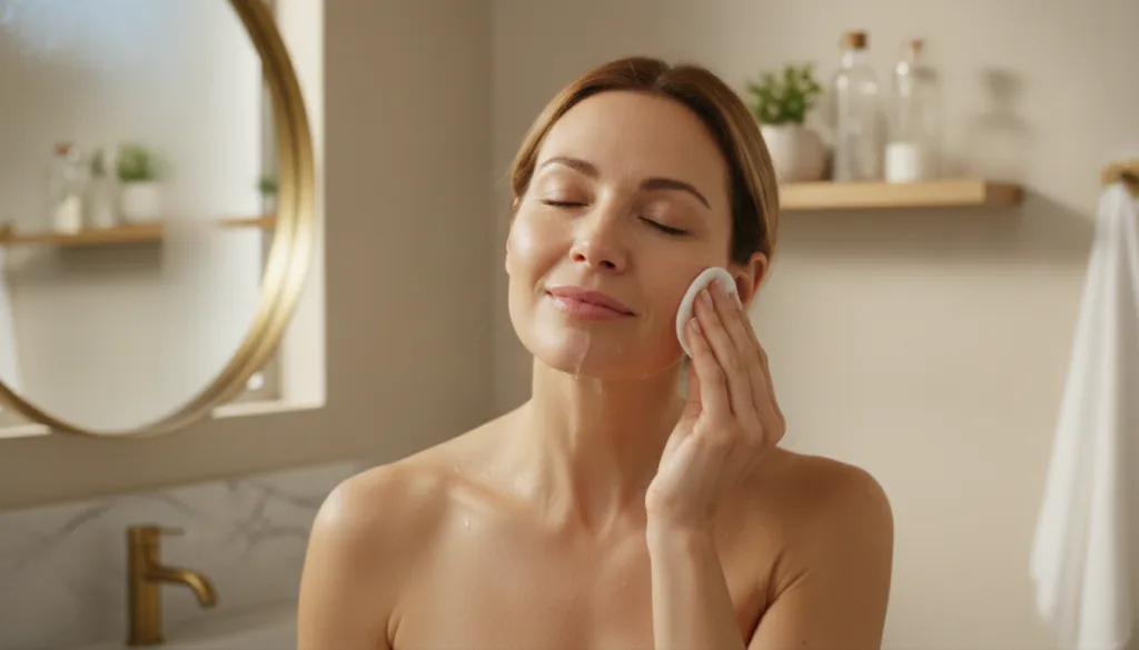 A woman gently patting her face with a cotton pad soaked in the elixir with a soft glowing complexion suggesting effecti