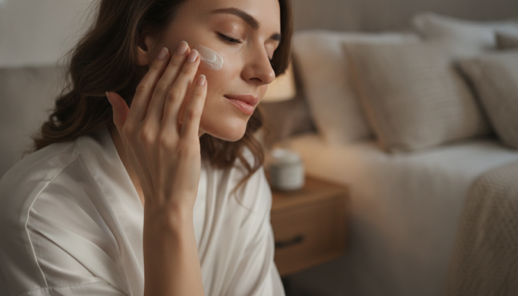 A hand gently applying a small amount of cream to a woman s face in a nighttime setting with a soft focus on the applica