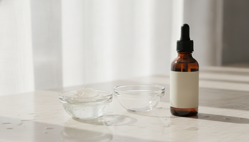 Two small bowls containing clear aloe vera gel and a dark amber bottle of vitamin E oil against a clean light background