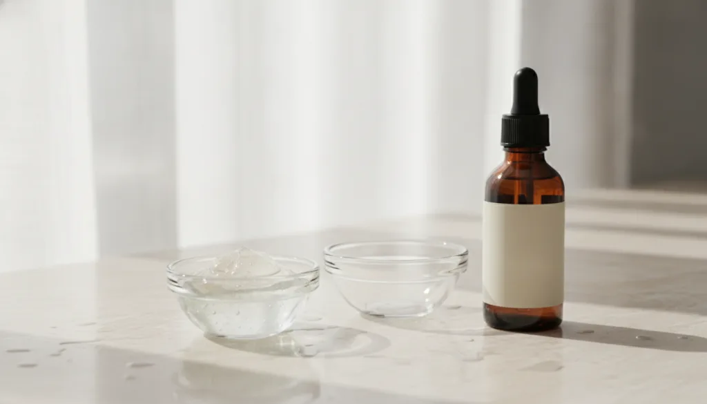 Two small bowls containing clear aloe vera gel and a dark amber bottle of vitamin E oil against a clean light background