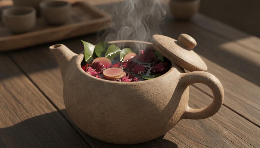 A close-up of a rustic teapot with hibiscus flowers sliced ginger and soursop leaves steeping in hot water steam gently