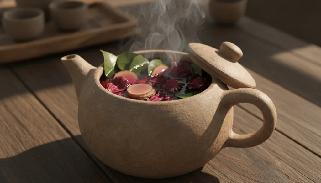 A close-up of a rustic teapot with hibiscus flowers sliced ginger and soursop leaves steeping in hot water steam gently