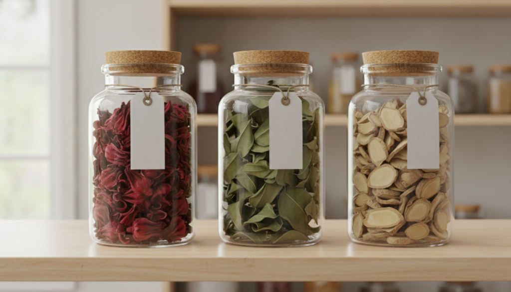 A row of glass jars filled with dried hibiscus flowers dried soursop leaves and chopped ginger clearly labeled for prope