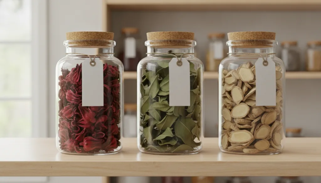 A row of glass jars filled with dried hibiscus flowers dried soursop leaves and chopped ginger clearly labeled for prope