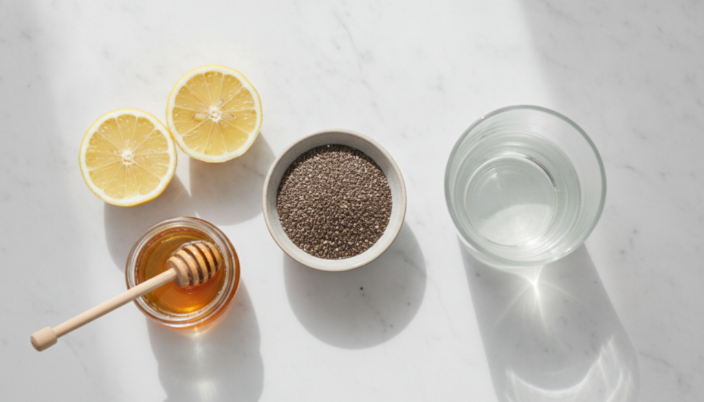 Ingredients for a skin glow drink chia seeds a lemon a jar of honey and a glass of water on a light background
