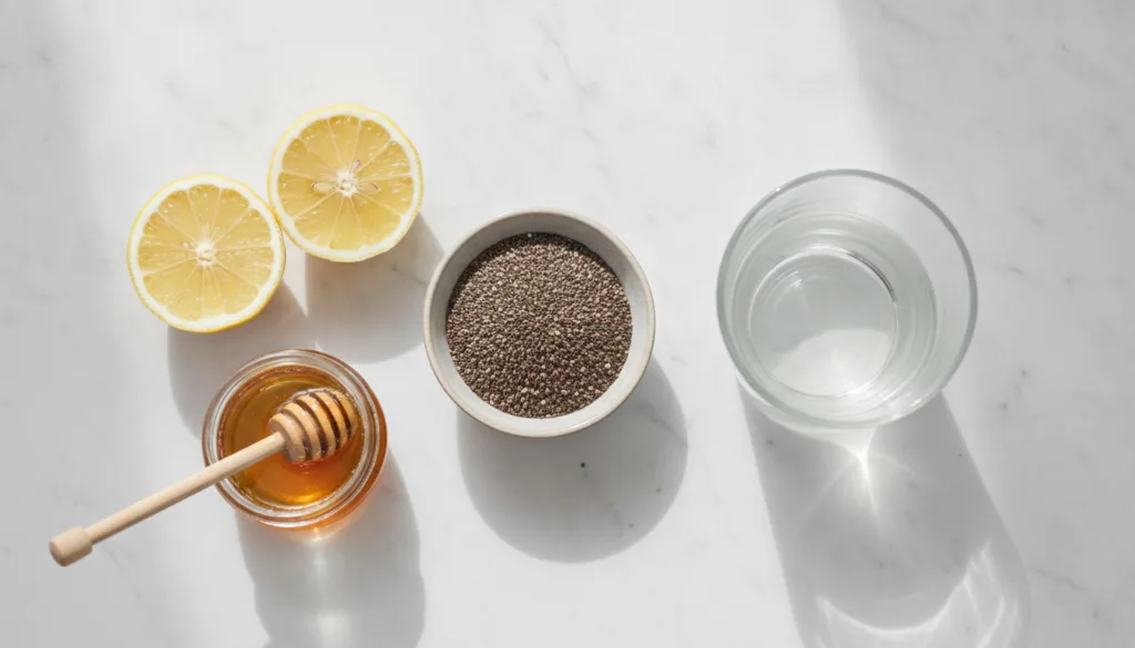 Ingredients for a skin glow drink chia seeds a lemon a jar of honey and a glass of water on a light background