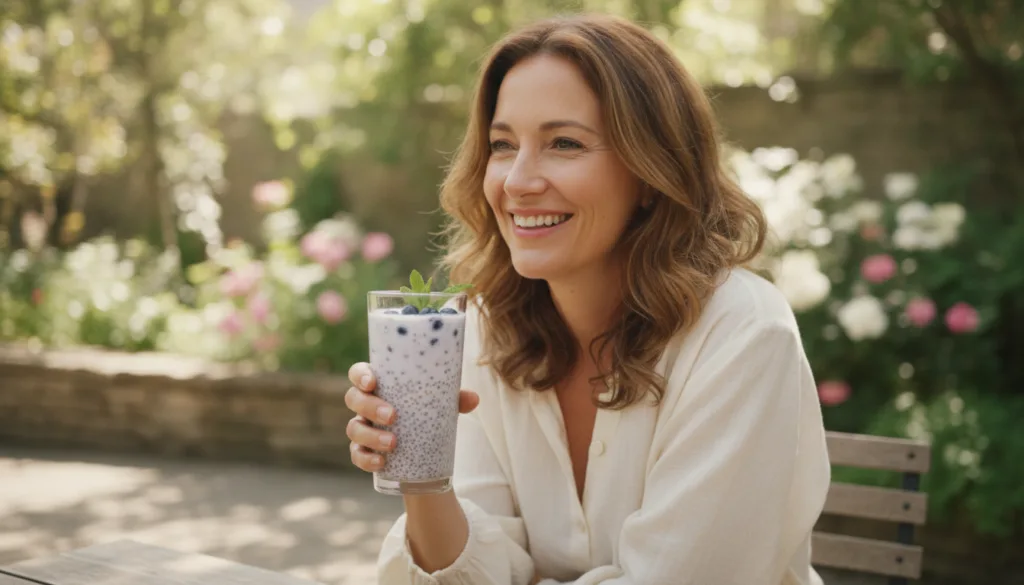 A woman smiling and holding a glass of a skin glow drink looking refreshed
