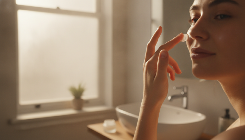 A woman gently dabbing a small amount of a homemade balm onto her cheek or forehead with her fingertip