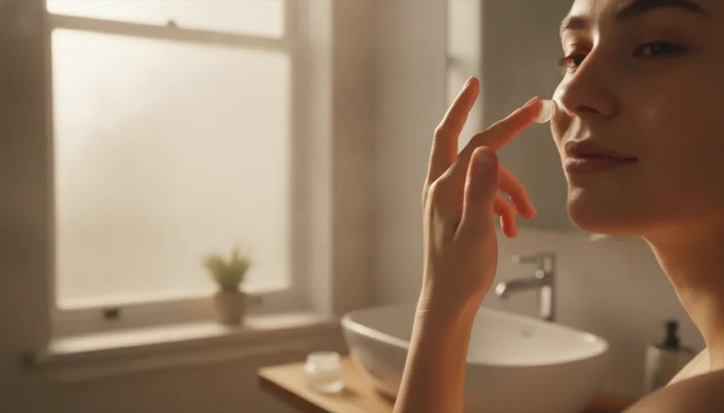 A woman gently dabbing a small amount of a homemade balm onto her cheek or forehead with her fingertip