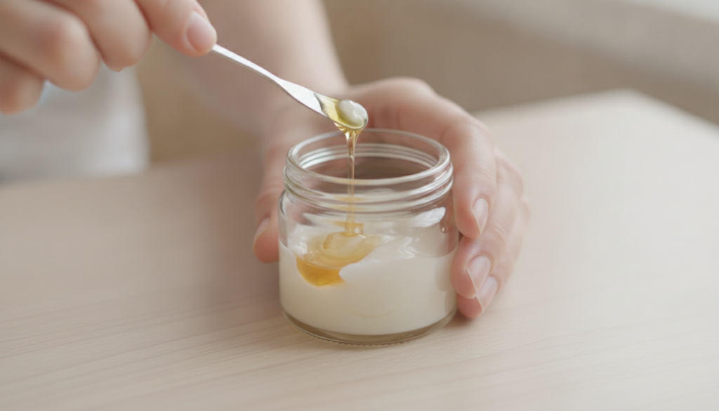 Close-up of hands mixing Vaseline and a liquid ingredient like oil in a small glass jar with a small spatula