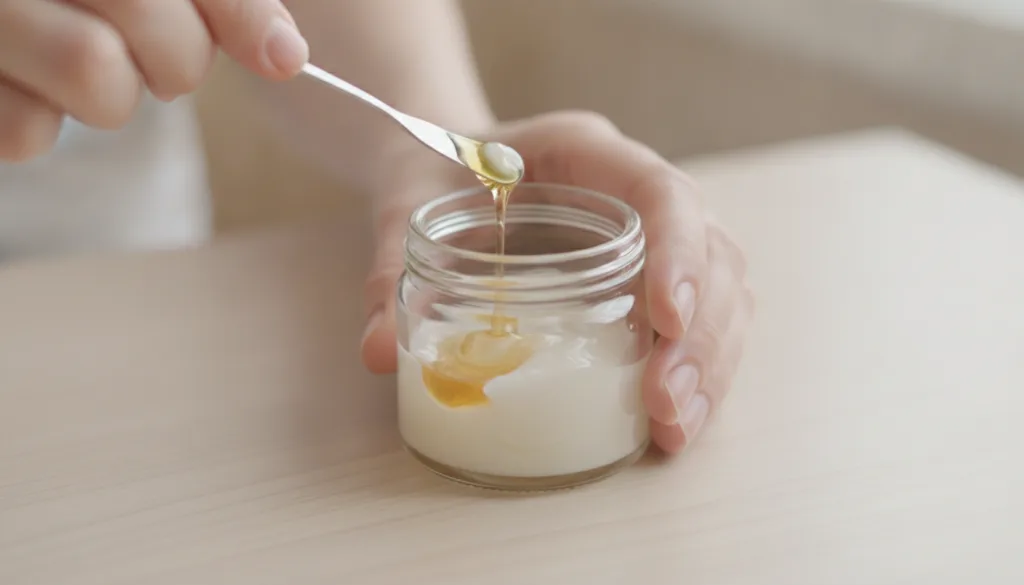 Close-up of hands mixing Vaseline and a liquid ingredient like oil in a small glass jar with a small spatula