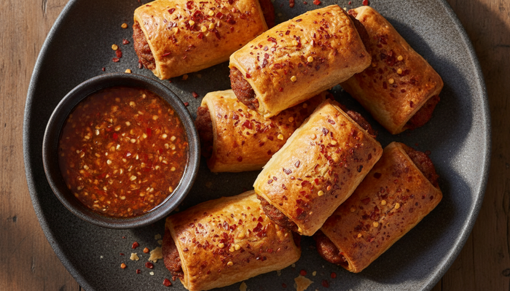 Spicy minced meat sausage rolls golden brown with a slight reddish hue garnished with a sprinkle of chili flakes and a s