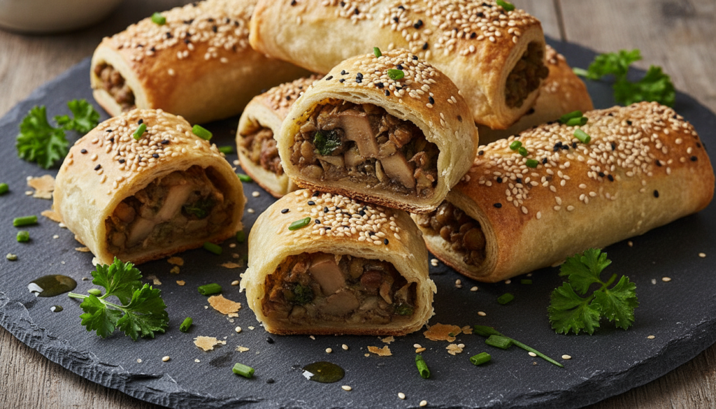Vegetarian lentil and mushroom rolls baked to a golden perfection sprinkled with sesame seeds presented on a stone slab 