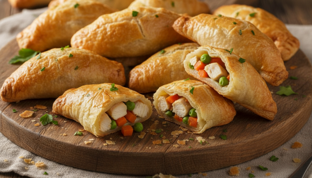 Golden brown savory chicken and veggie pastry pockets arranged on a rustic wooden board with some vegetables like carrot