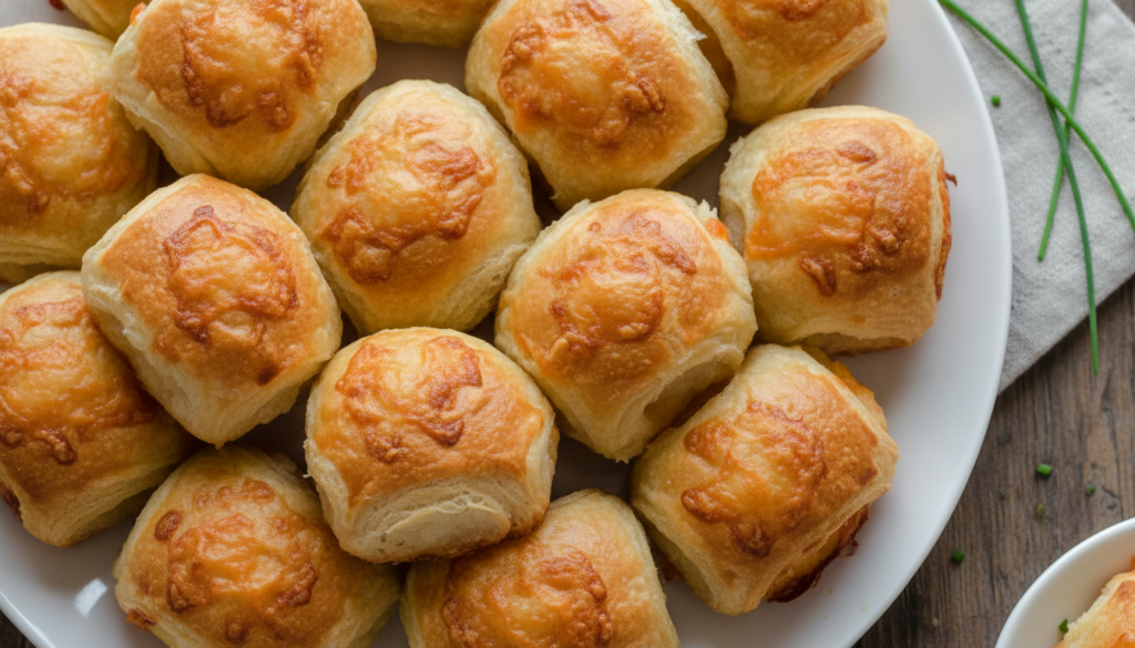 Small golden brown mini cheese and onion rolls freshly baked with melted cheese peeking out arranged on a serving platte