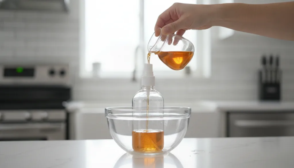 A person s hand pouring the amber-colored onion water into a spray bottle over a glass bowl