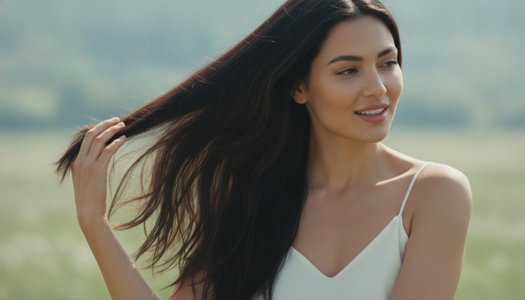 A woman with visibly healthy shiny and strong hair smiling slightly after using a natural hair remedy