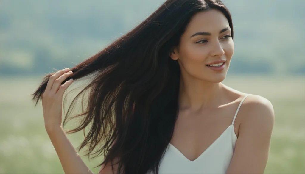 A woman with visibly healthy shiny and strong hair smiling slightly after using a natural hair remedy