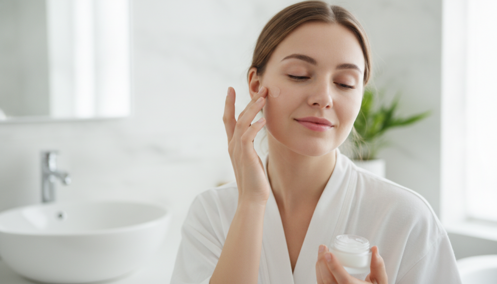 A woman gently applying a small amount of Vaseline-based balm to her face highlighting the delicate action and smooth te