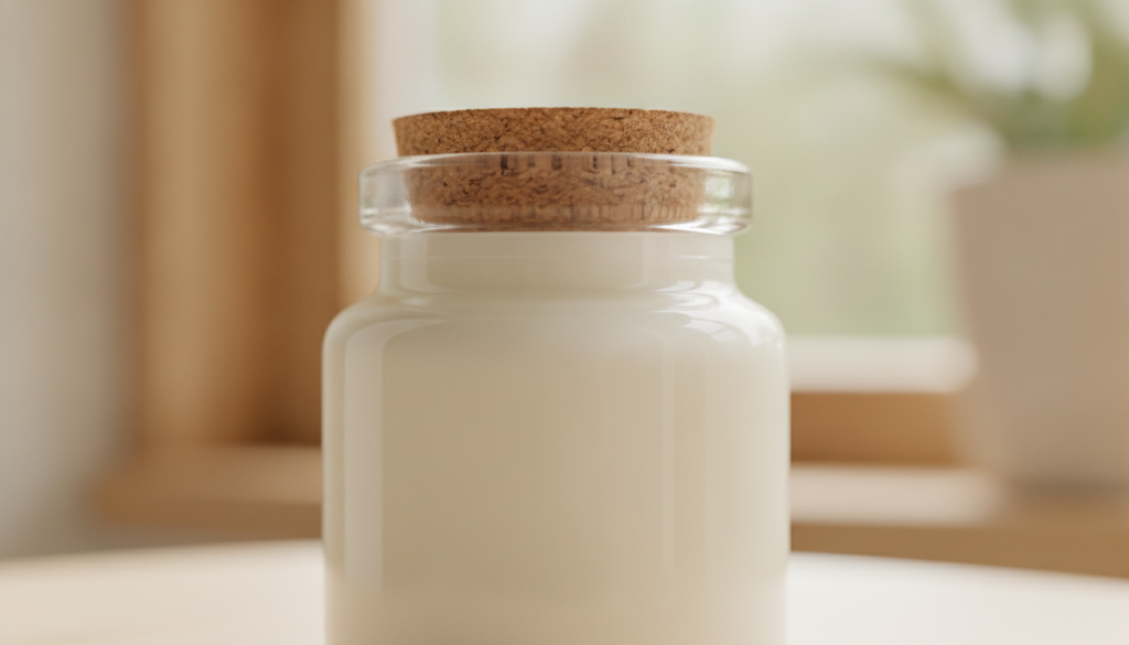 Close-up shot of a small glass jar containing a freshly mixed DIY Vaseline balm showing its smooth texture ready for use
