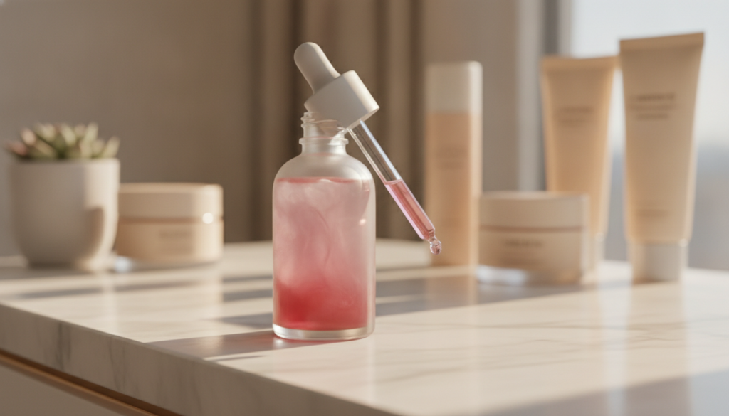 A close-up of a glass bottle containing a reddish-pink liquid rice water and beetroot blend with a dropper on a vanity t